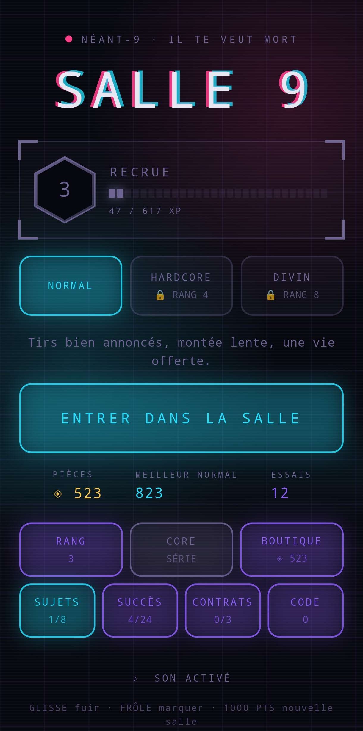 Menu de Salle 9 : le titre en gros, la barre de rang RECRUE niveau 3, trois difficultés Normal, Hardcore et Divin, et le bouton Entrer dans la salle.